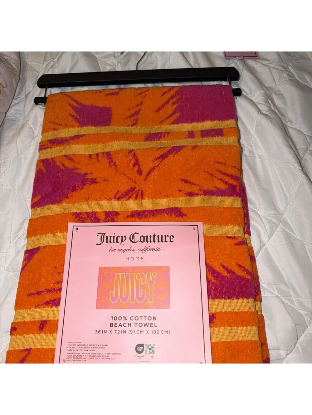 Juicy Couture Palm Tree Beach Towel Pink Orange 36x72 Cotton NWT